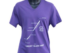 Great Glen Way T-shirt in purple with a v neckline