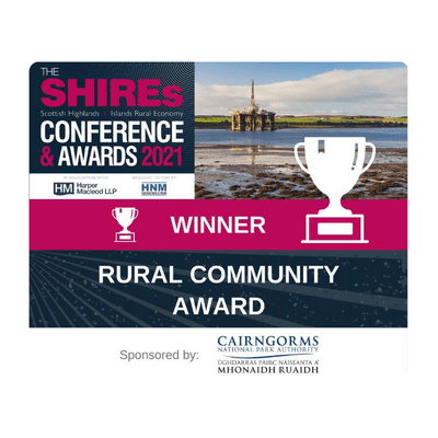 SHIREs Awards 2021 Winner, [Your Company Name], Rural Community Award logo, demonstrating excellence in rural development in the Scottish Highlands and Islands.